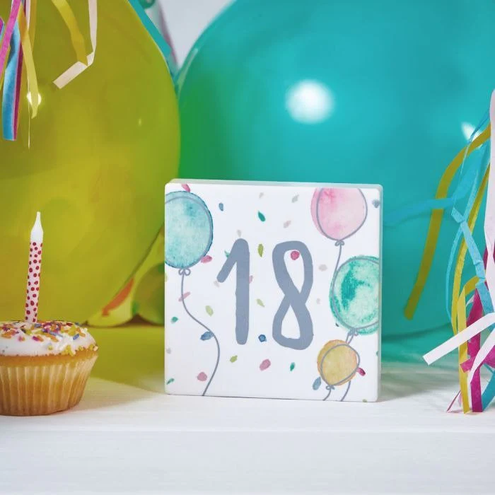 18th Birthday Block White Ceramic With Balloons & Confetti