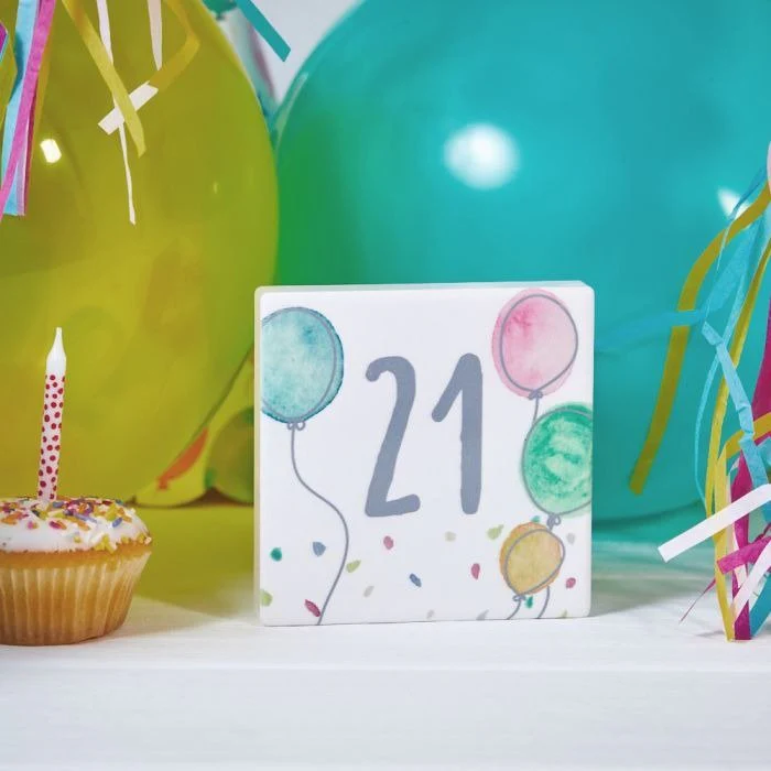 21st Birthday Block White Ceramic With Balloons & Confetti