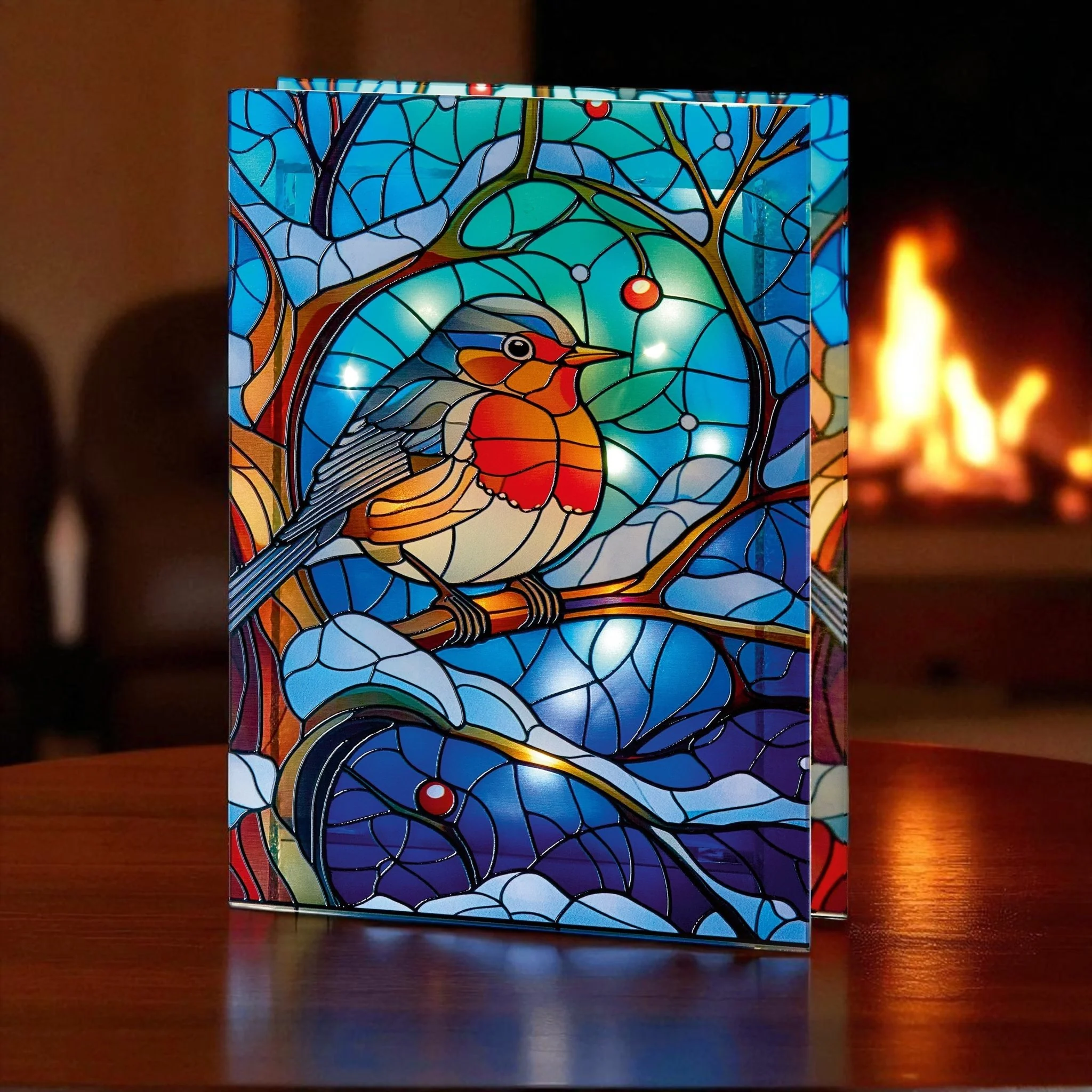 21x28 cm Stained Glass Robin Light, 50 LEDs, Double-Sided - Image 2