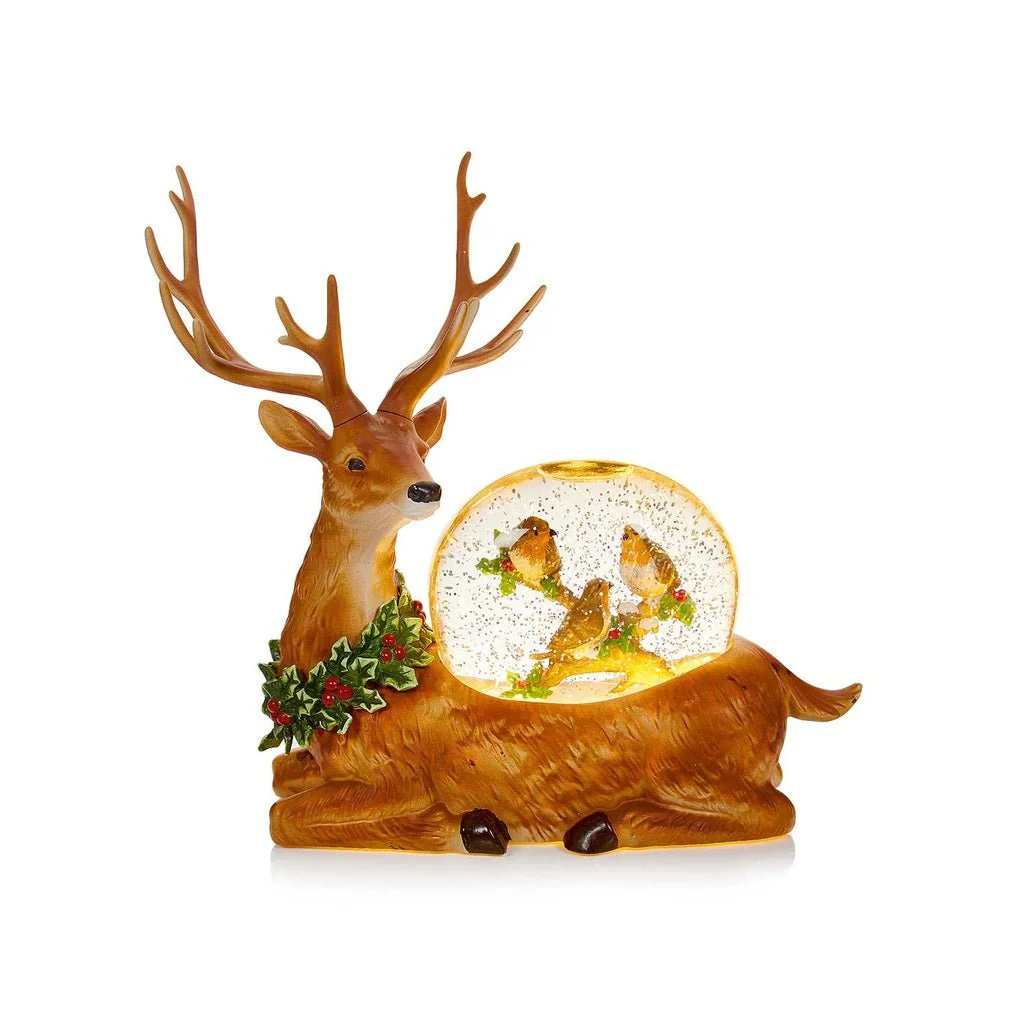 29cm Lit Reindeer Water Spinner with Robin Scene