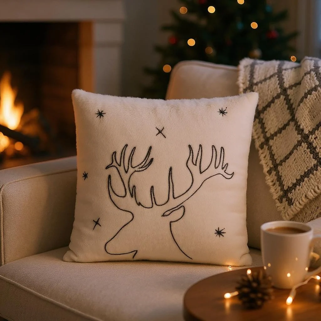 45 x 45cm Faux Fur Cushion with Embroidered Reindeer - Image 2