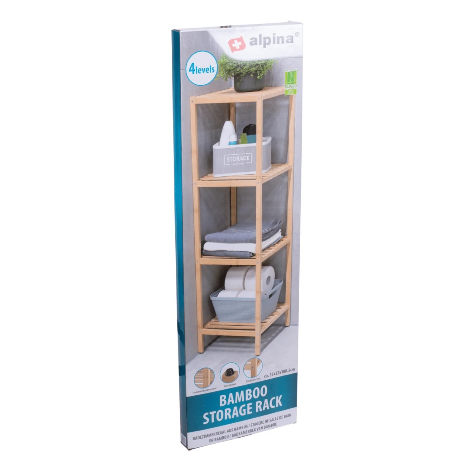 ALPINA Bathroom Rack 4 Tier Bamboo Storage 108.5cm