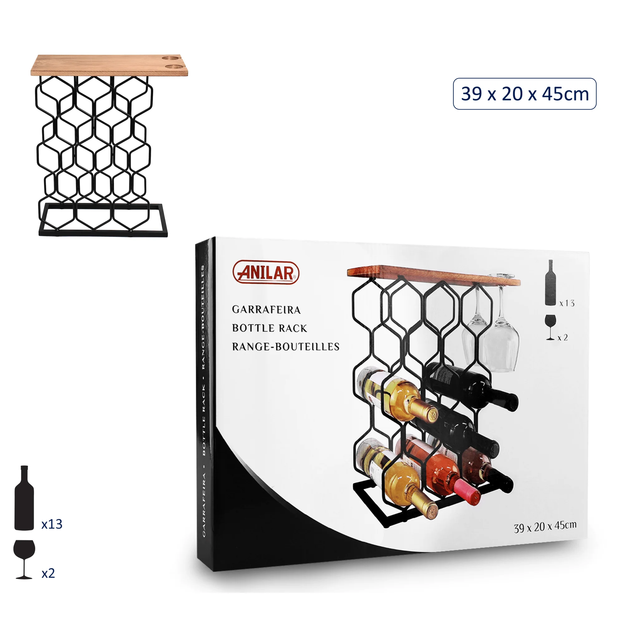 Anilar Hexagon Wine Rack – Holds 13 Bottles & 2 Glasses
