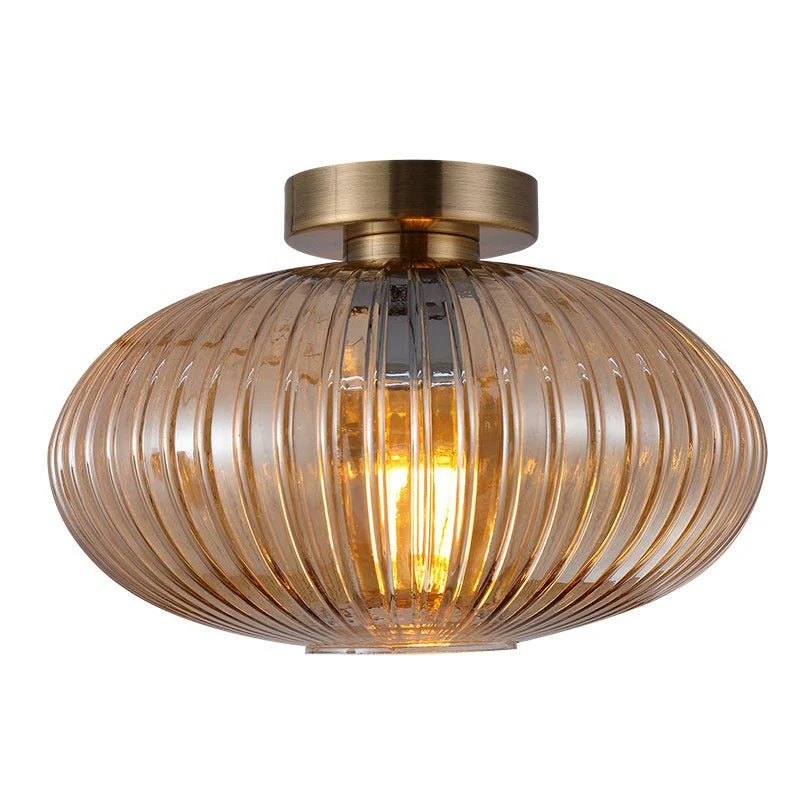 Antique Brass W/Ribbed Amber Glass Skytech Surface Ceiling Fitting