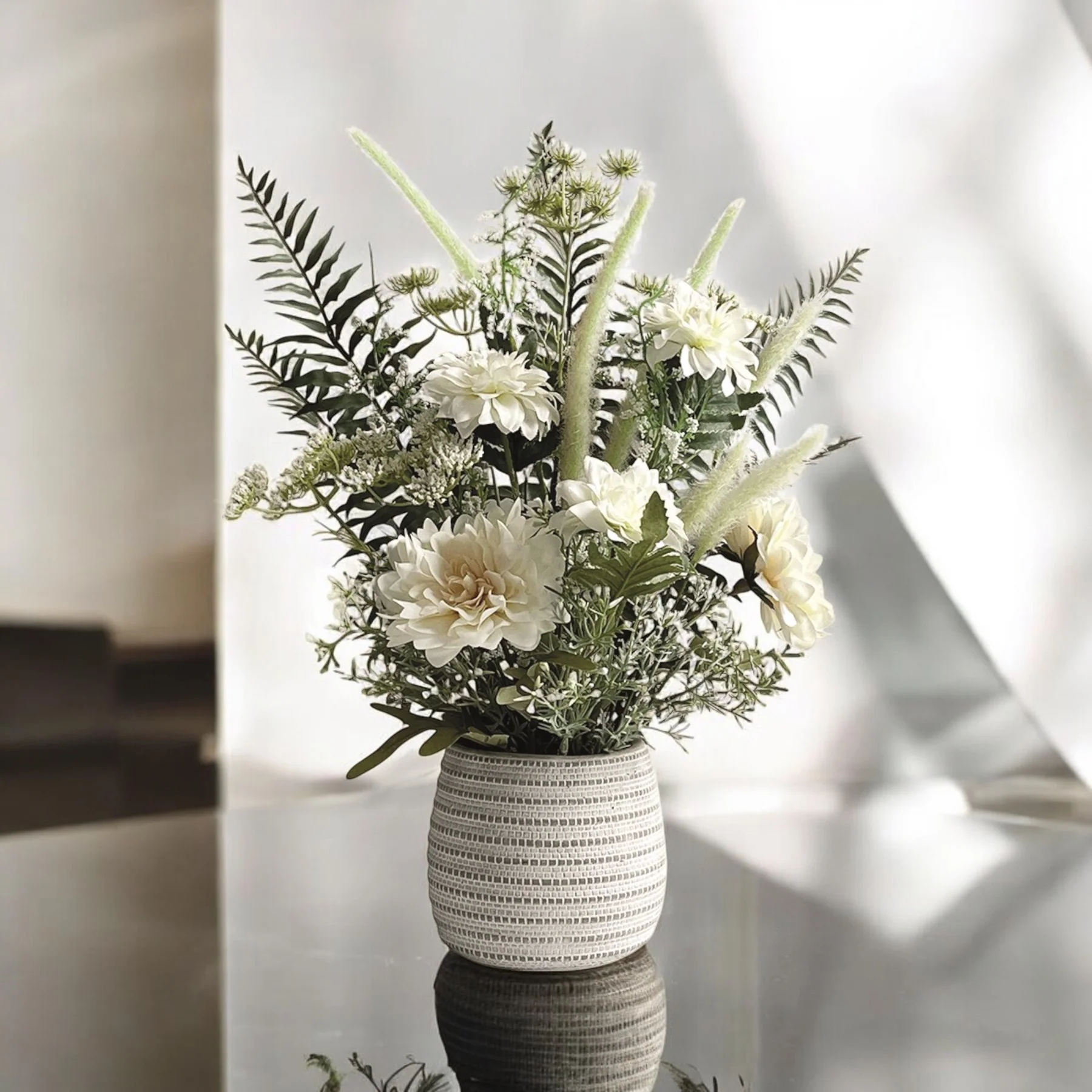 Artificial White Flower Arrangement in Textured Pot 50cm