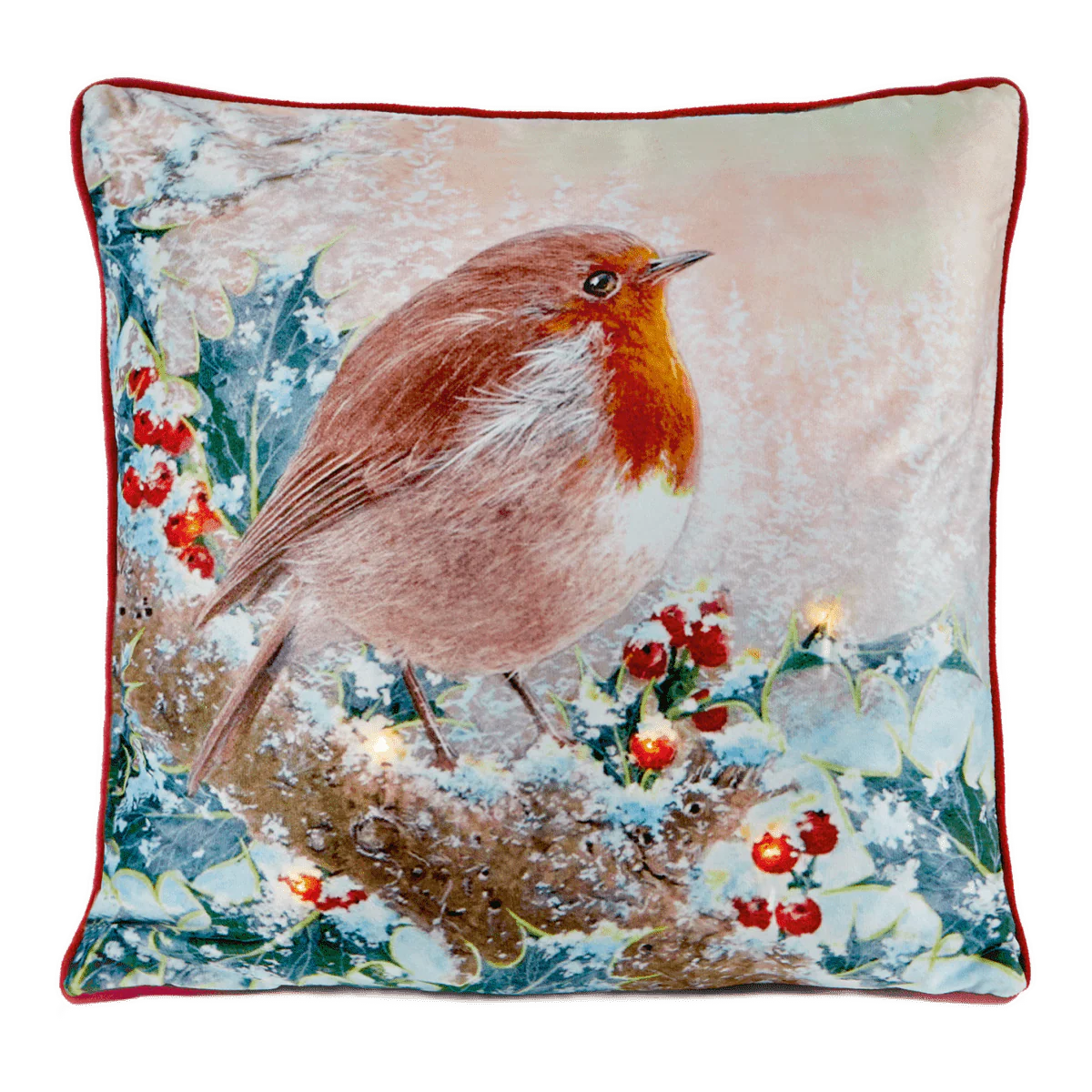 Battery Operated Lit Cushion Robin Among the Holly 45 x 45cm