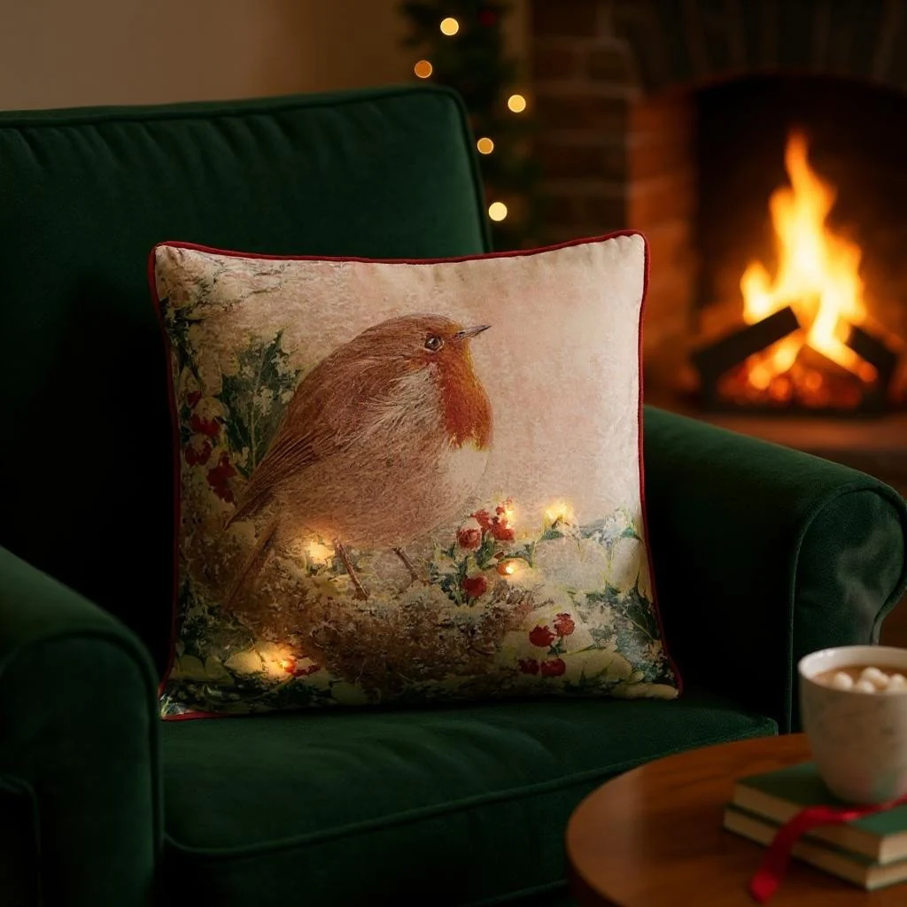 Battery Operated Lit Cushion Robin Among the Holly 45 x 45cm - Image 2