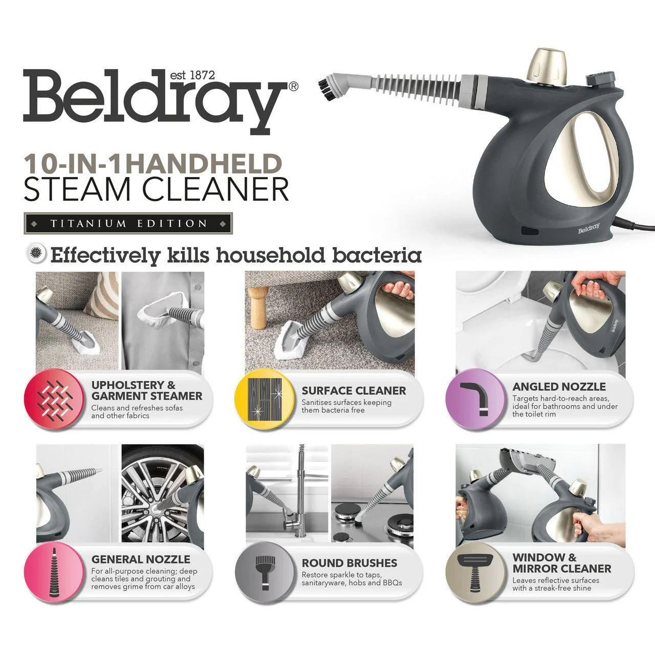 Beldray 10 in 1 Steam Cleaner & Accessory Kit Titanium - Image 4