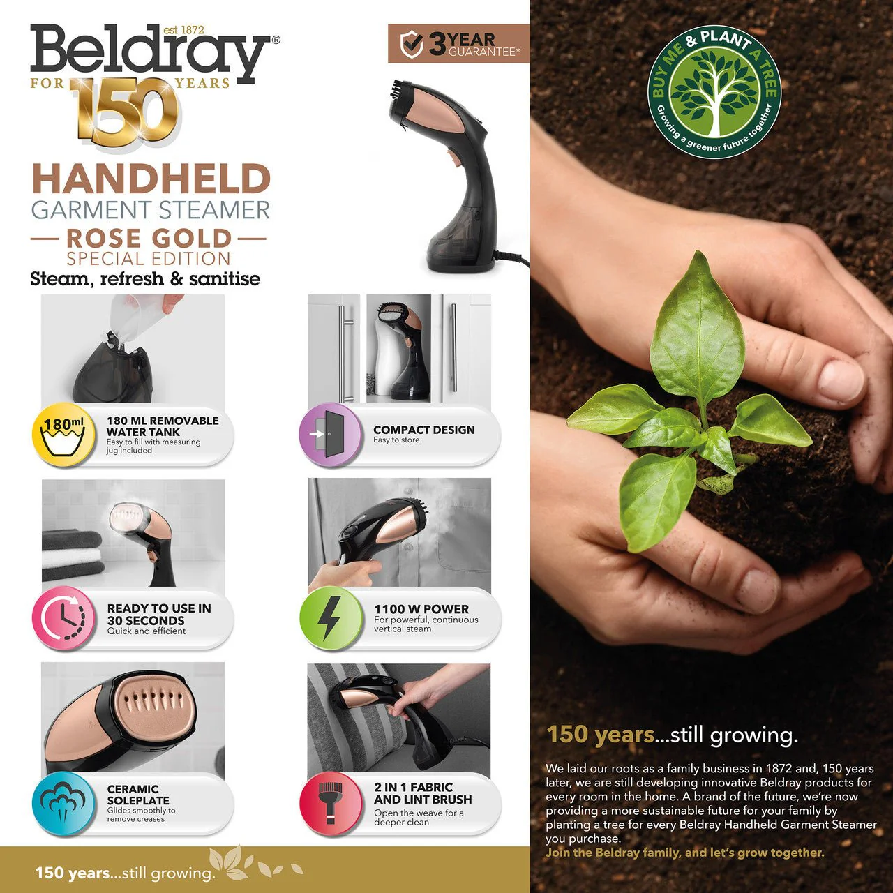Beldray Handheld Garment Steamer with 2 In 1 Brush Rose Gold - Image 2