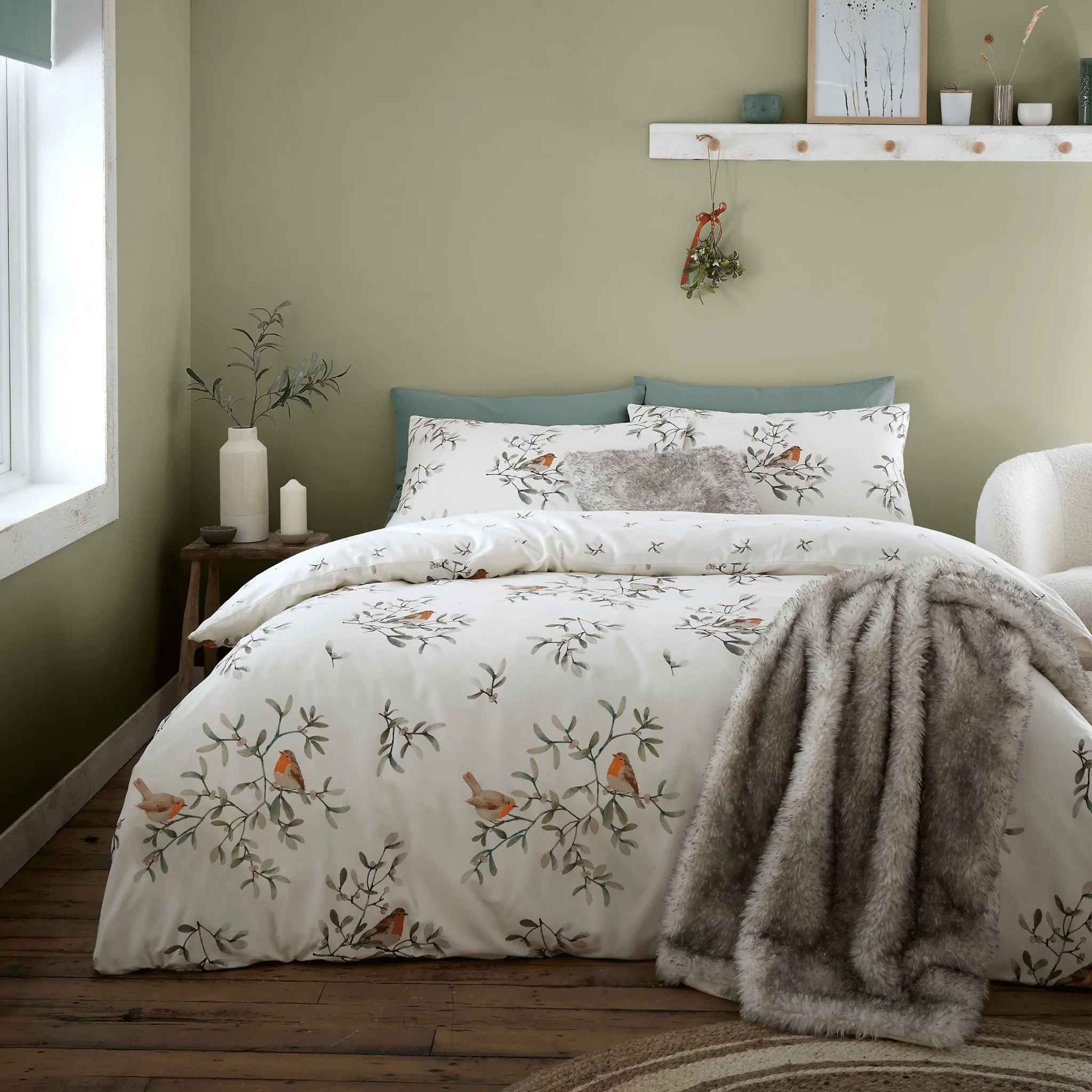 Bianca Brushed Cotton Mistletoe Robins Reversible Duvet Cover Set Single