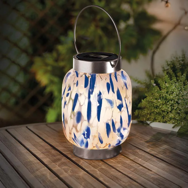 Blue & White GlassArt Solar Lantern