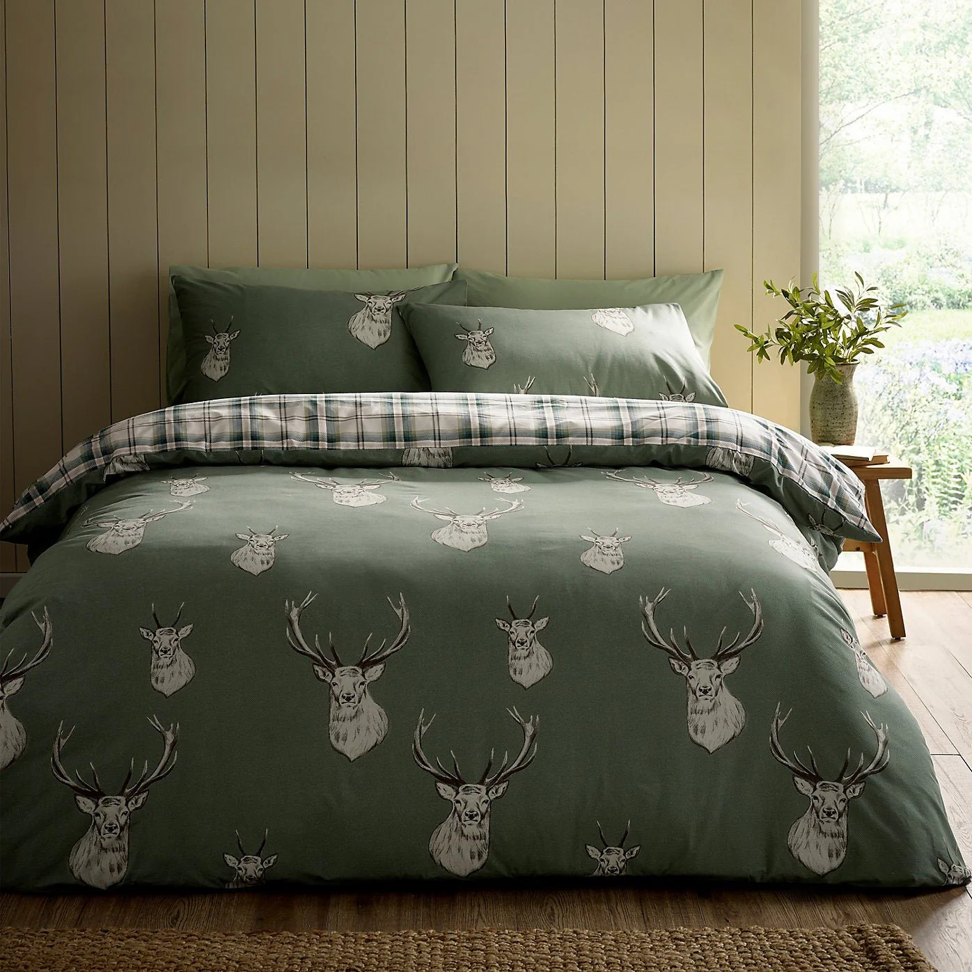 Catherine Lansfield Bedding Stag Check Duvet Set Soft Green - Double