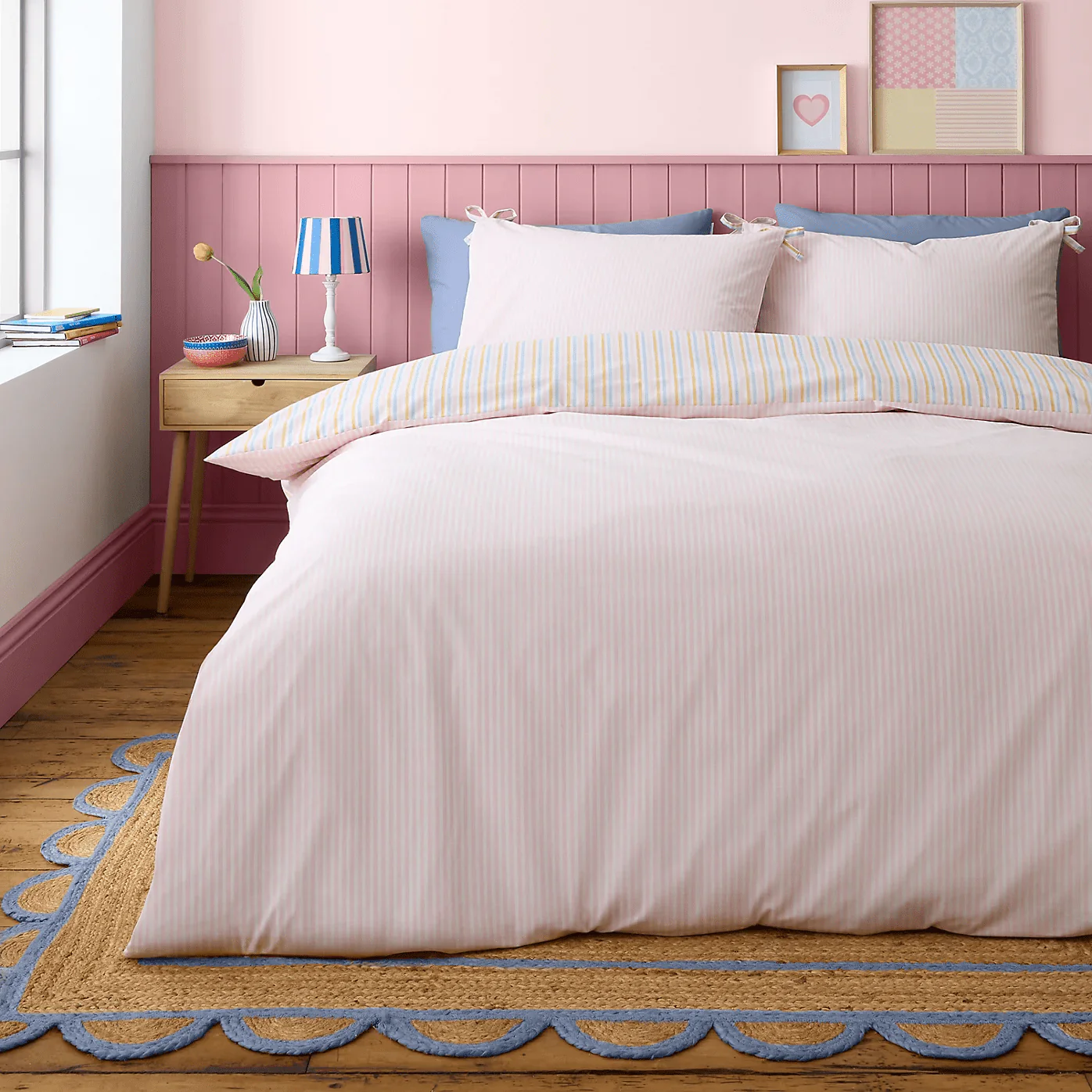 Catherine Lansfield Brighton Stripe Bow Trim Duvet Cover Set - Double - Image 2