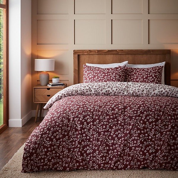 Catherine Lansfield Brushed Cotton Grace Floral Leaf Reversible Duvet Cover Set – Single