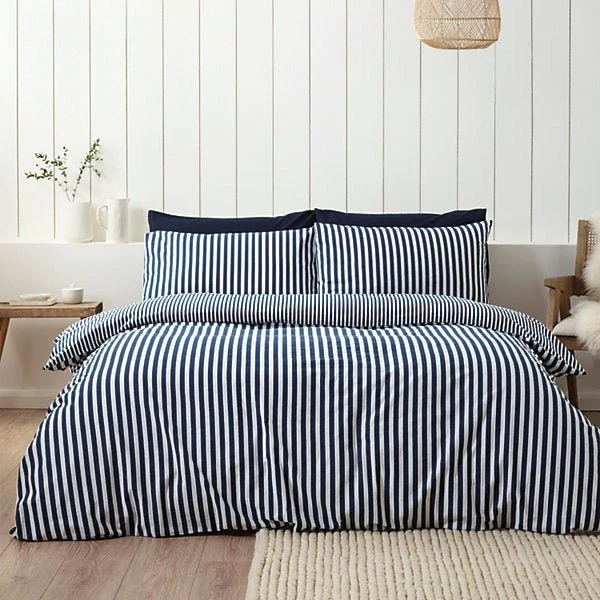 Catherine Lansfield Brushed Cotton Navy Blue Stripe Reversible Duvet Cover Set - Single