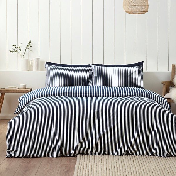 Catherine Lansfield Brushed Cotton Navy Blue Stripe Reversible Duvet Cover Set - Single - Image 2