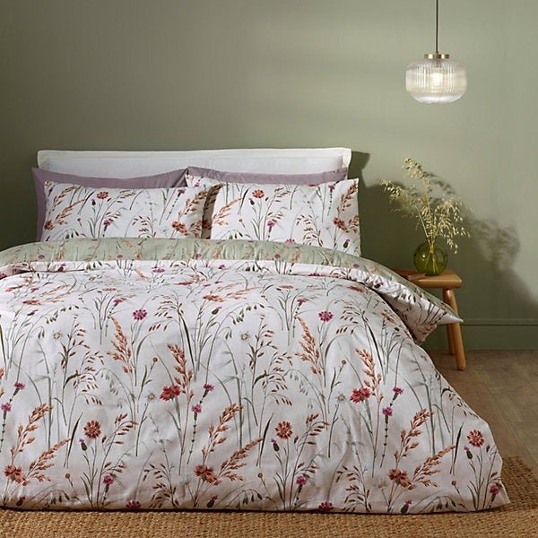 Catherine Lansfield Brushed Cotton Reversible Duvet Cover Set – Grasmere Floral Green (Double)