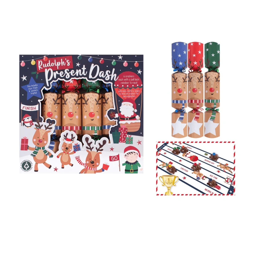 Christmas 6 Rudolphs Present Dash 12" Crackers