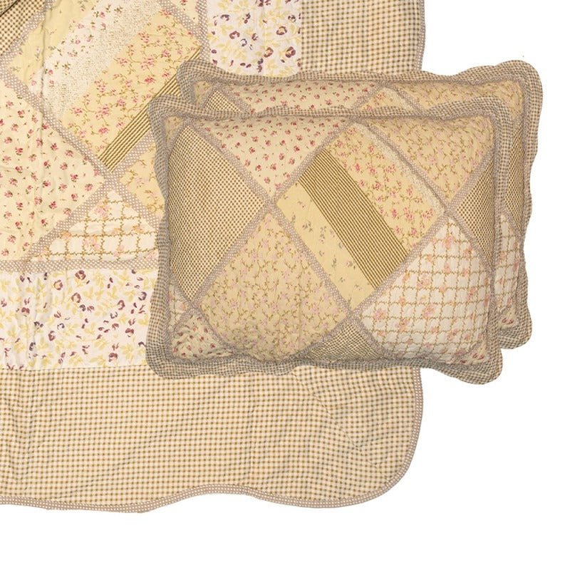 Country Cottage Patchwork Bedspread & 2 Pillowcases Set Green Beige