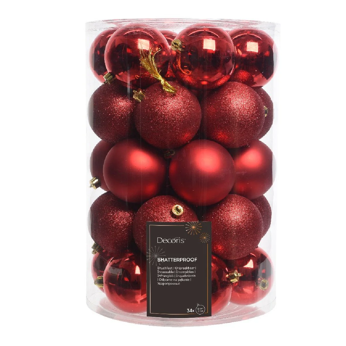 Decoris Assorted 8cm Christmas Red Baubles 34 Pack