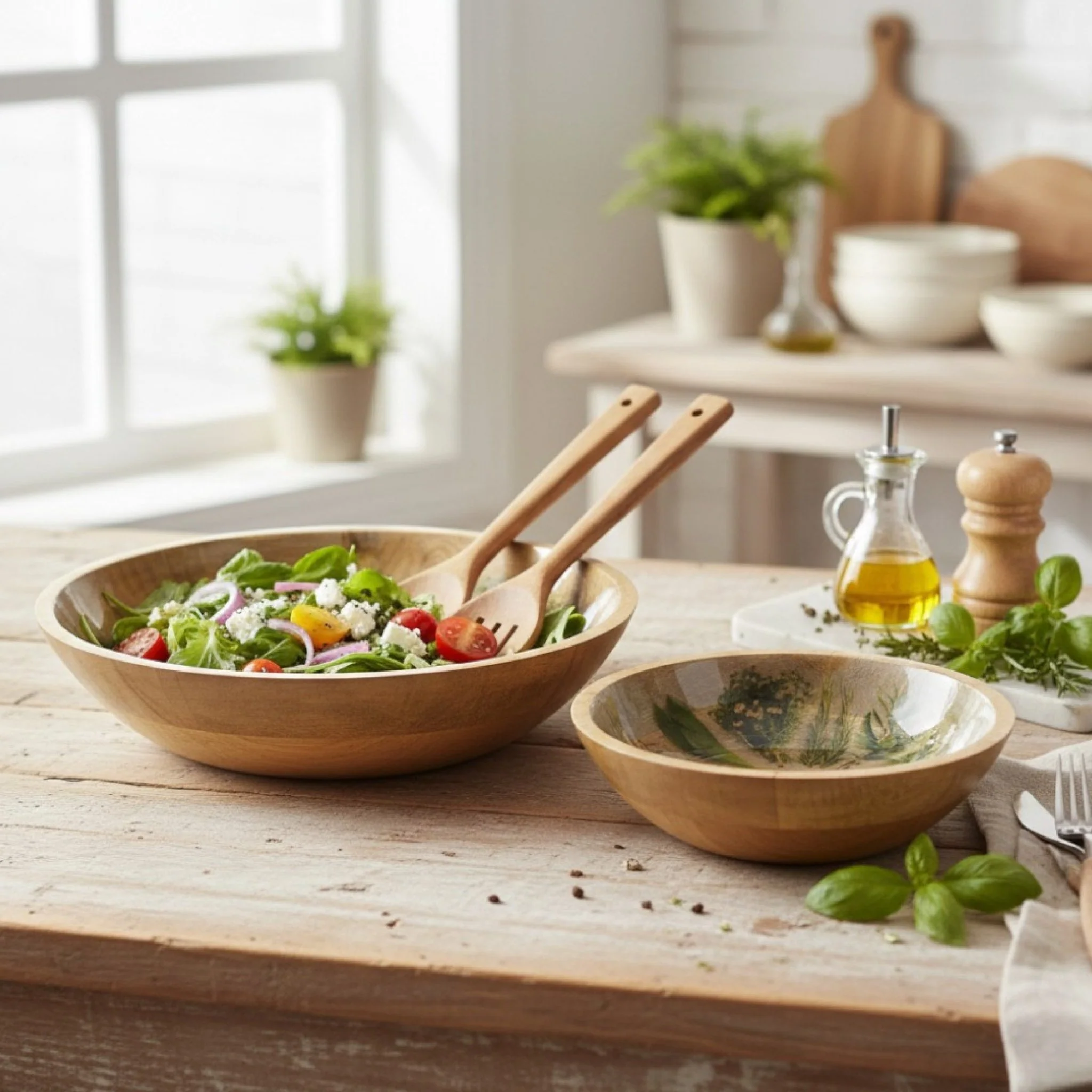 Decoris Round Mango Wood Bowl Set, 2‑Piece, Brown With Herb Print - Image 2
