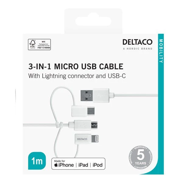 Deltaco USB-A to 3in1, Micro USB, USB-C, Lightning, 1m, white