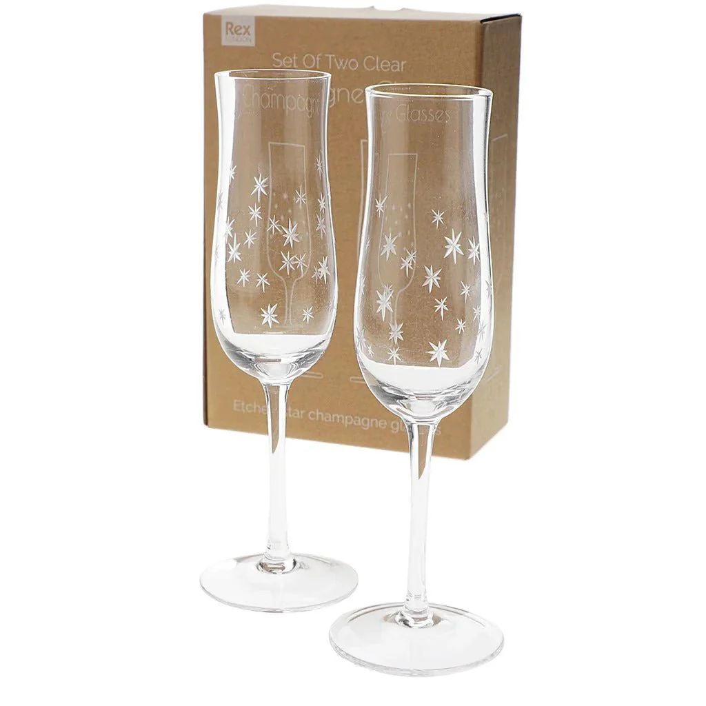 Etched Star Champagne Glasses 200ml (Set of 2) – Clear