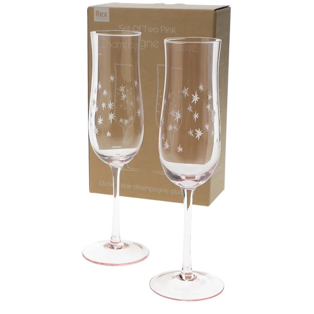 Etched Star Champagne Glasses 200ml (Set of 2) – Pink Tint
