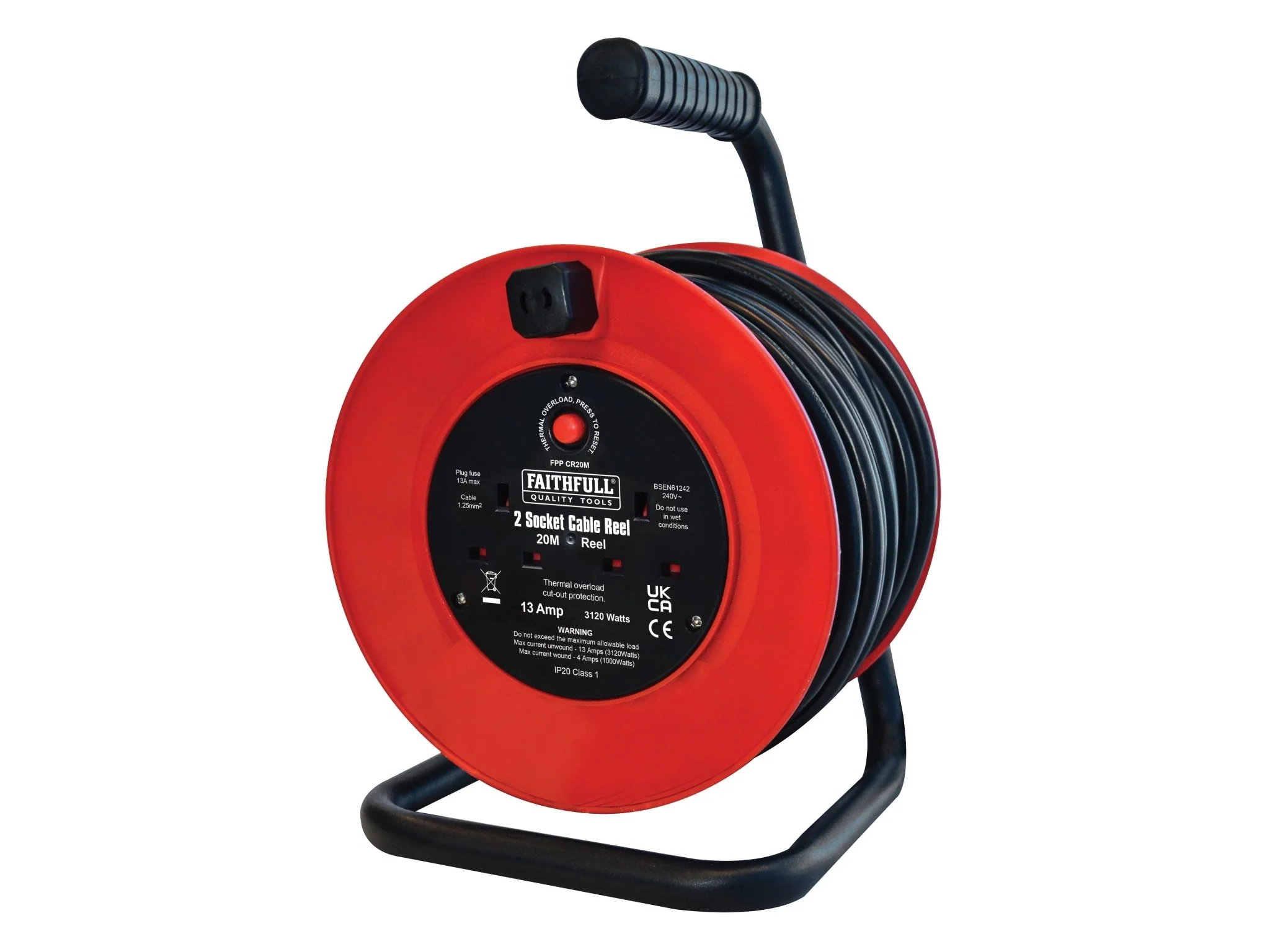 Faithfull Open Drum Cable Reel 240V 13A 2-Socket 20m