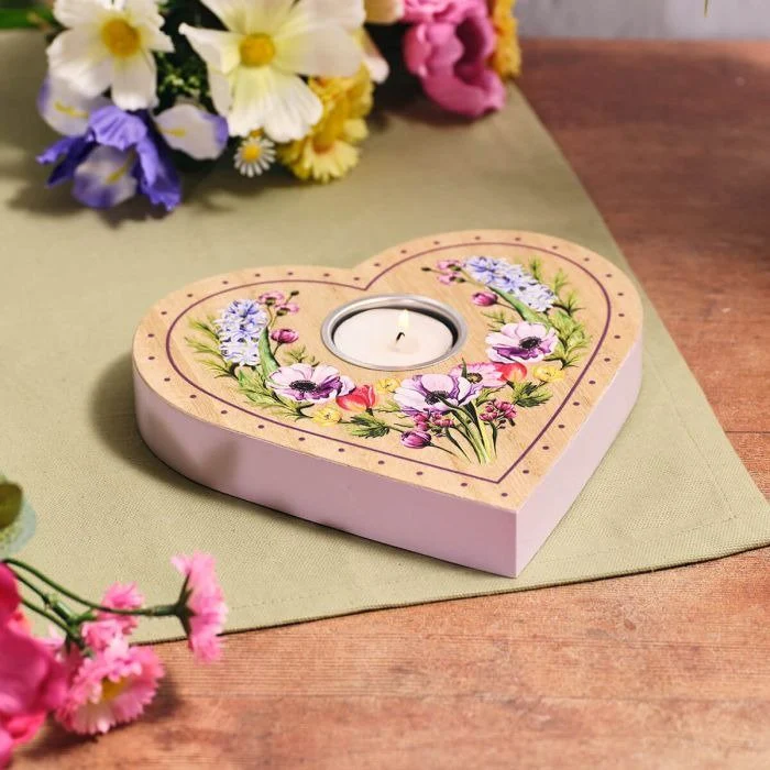 Floral Serenade Mixed Flowers Heart Shaped MDF Wood Tealight Holder