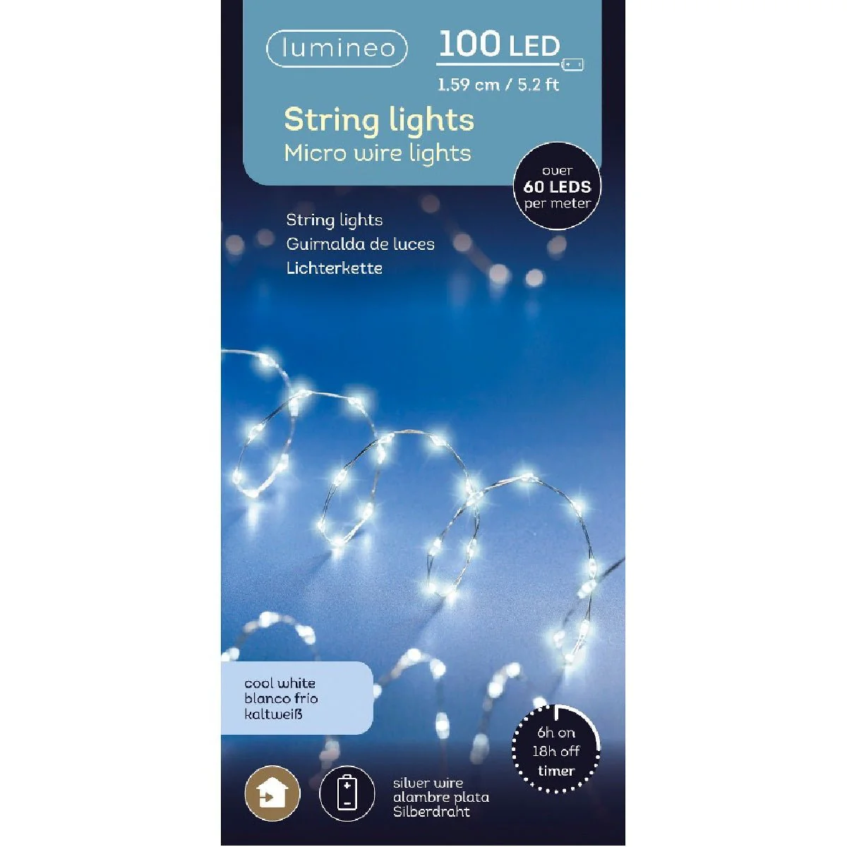 Lumineo 100 LED Cool White String Lights Battery Operated with Timer 159cm