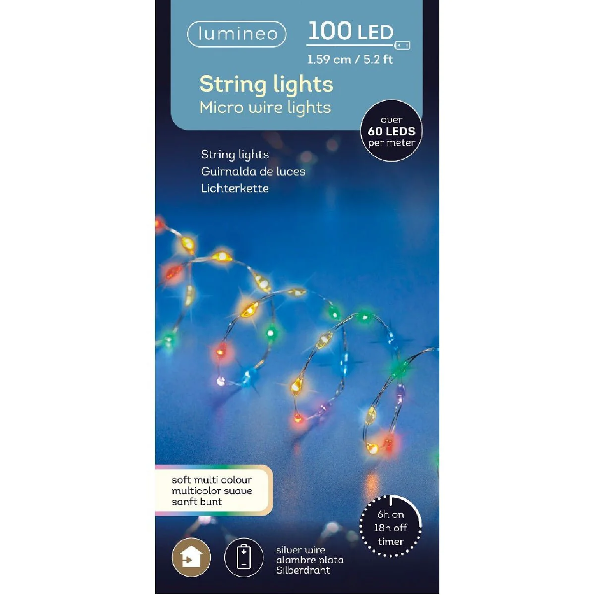 Lumineo 100 LED Multi-Coloured String Lights Battery Operated with Timer 159cm