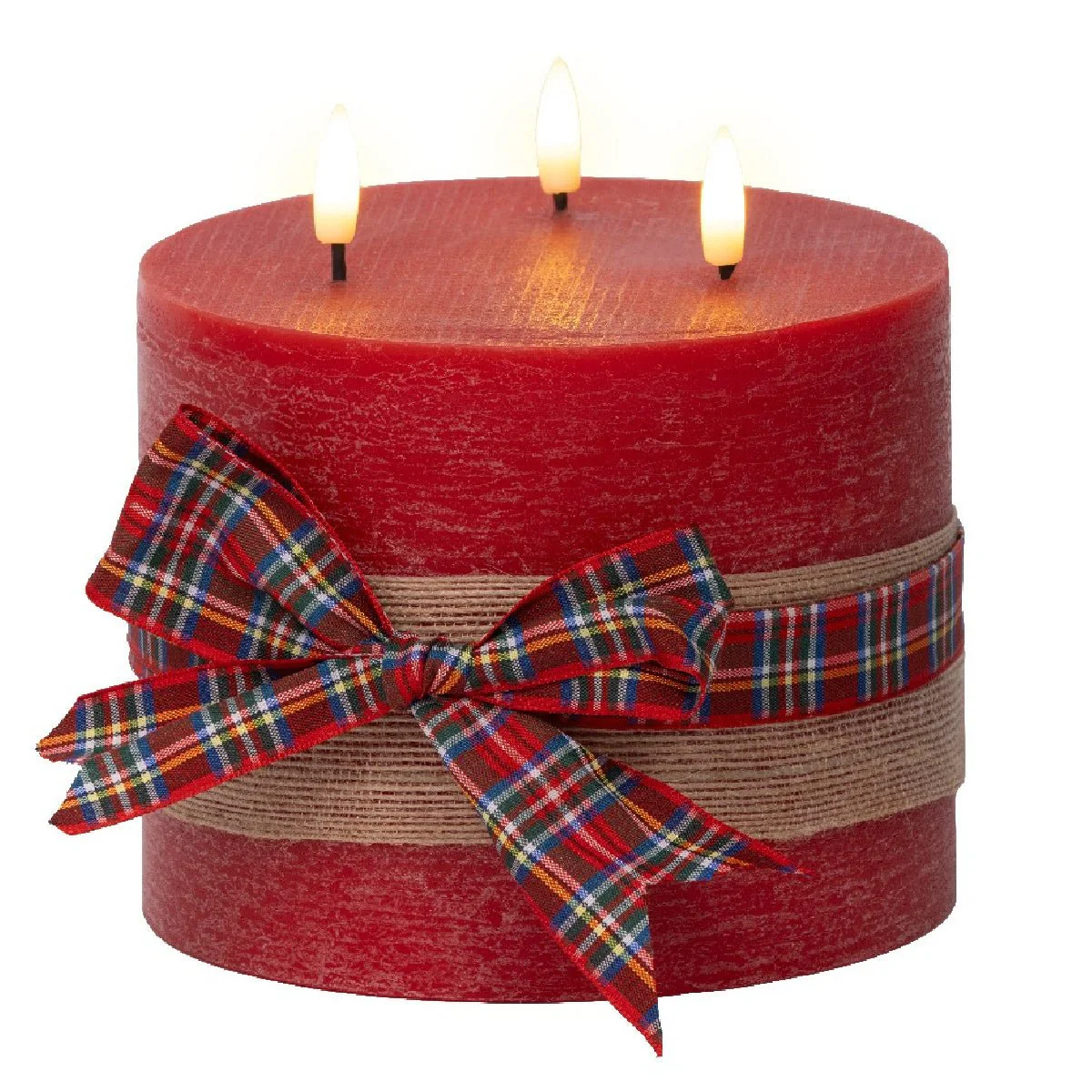 Lumineo LED 3 Wick Candle Red with Check Bow Battery Operated 15 x 15cm