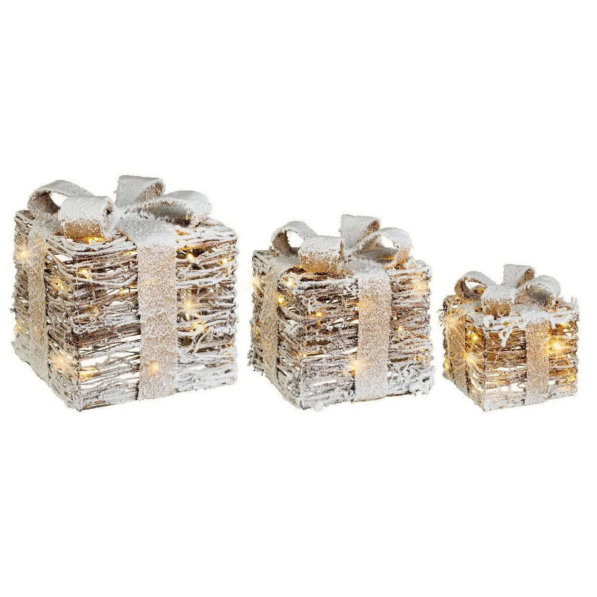 Lumineo Set of 3 Battery Operated LED Giftboxes Rattan Steady Warm White