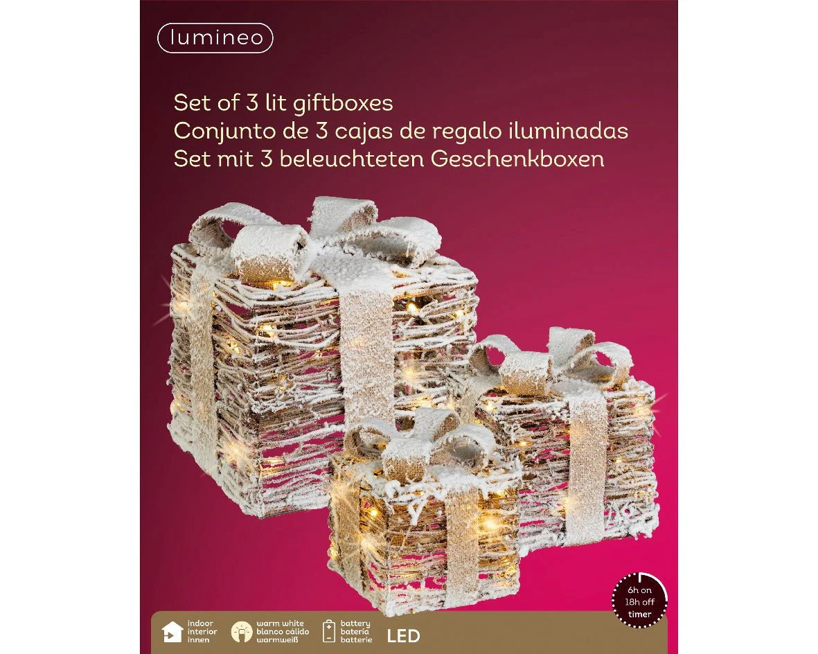 Lumineo Set of 3 Battery Operated LED Giftboxes Rattan Steady Warm White - Image 4