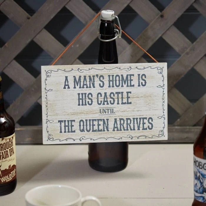 Mans Home Castle Plaque Whitewashed Wood with Scroll Border
