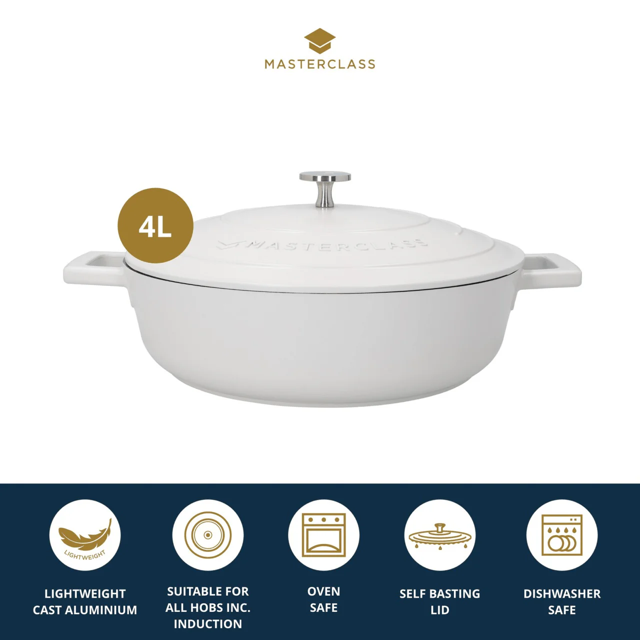 MasterClass Cast Aluminium Shallow Casserole Dish, 4L, Cream - Image 4
