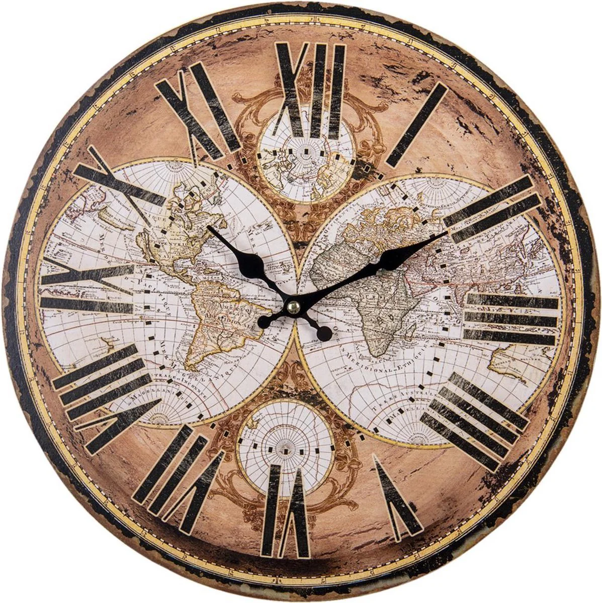 MDF Round World Map Wall Clock 34cm