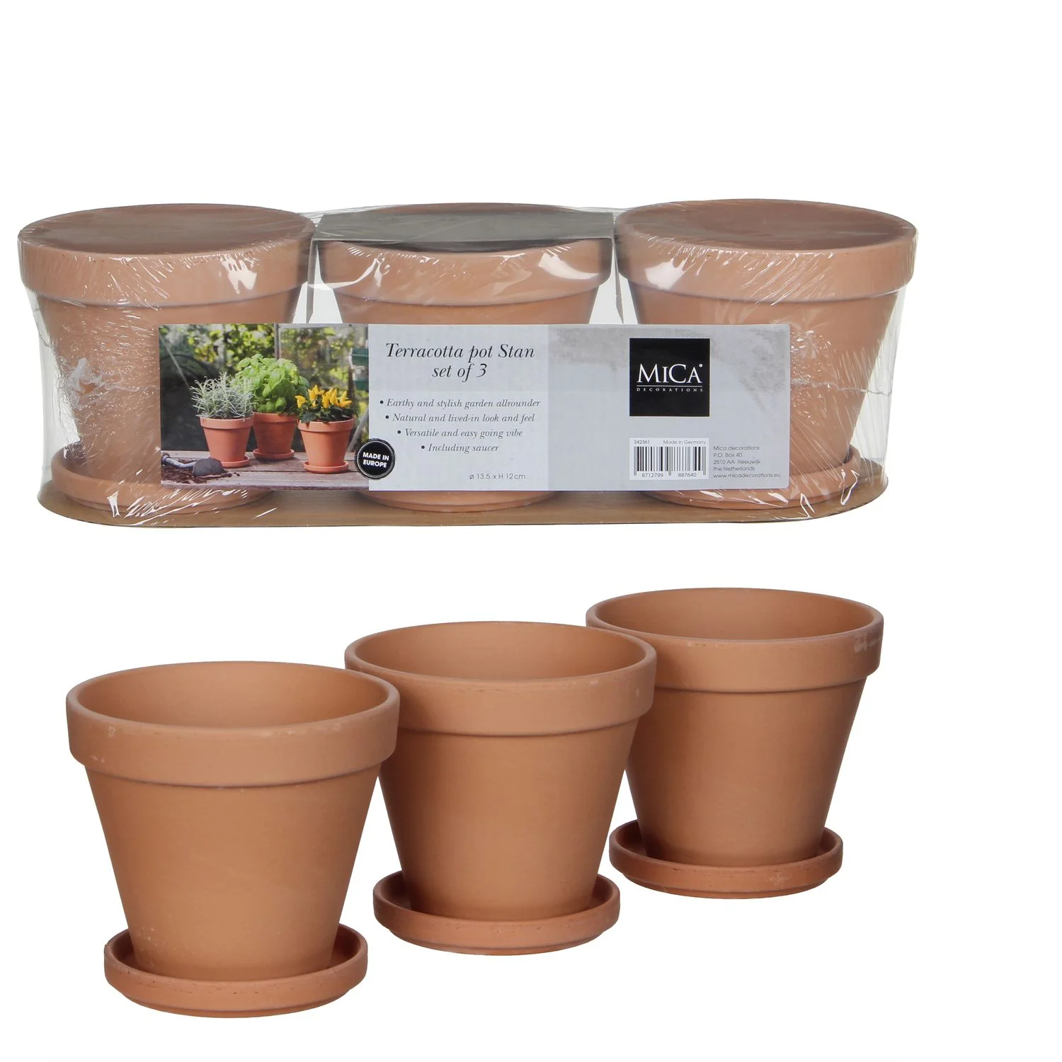 Mica Decorations Set of 3 Terracotta Pots with Saucers 13.5 x 12cm