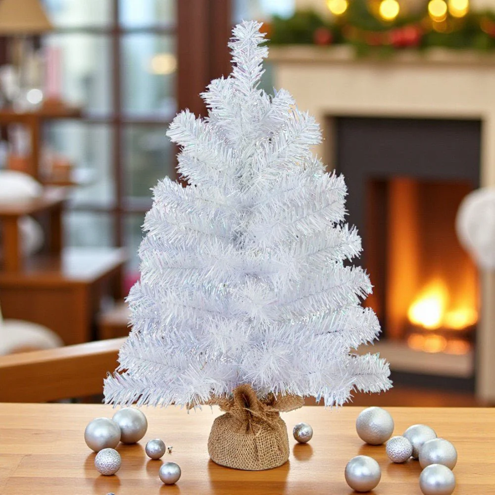 Mini White Christmas Tree with Burlap Base – 55cm