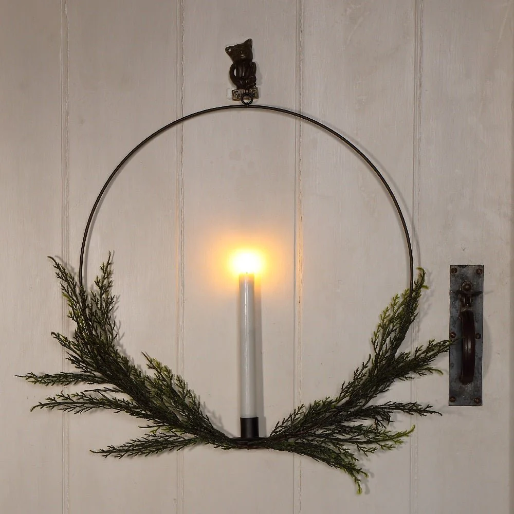 Noma 47cm Black Metal Foliage Wreath With Flickering Effect Wax Candle