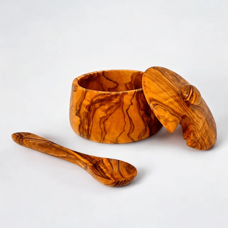 Olive Wood Sugar Bowl with Spoon 10cm