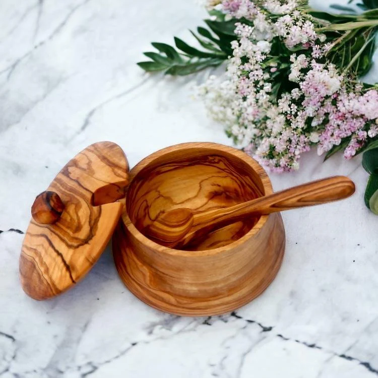 Olive Wood Sugar Bowl with Spoon 10cm - Image 2