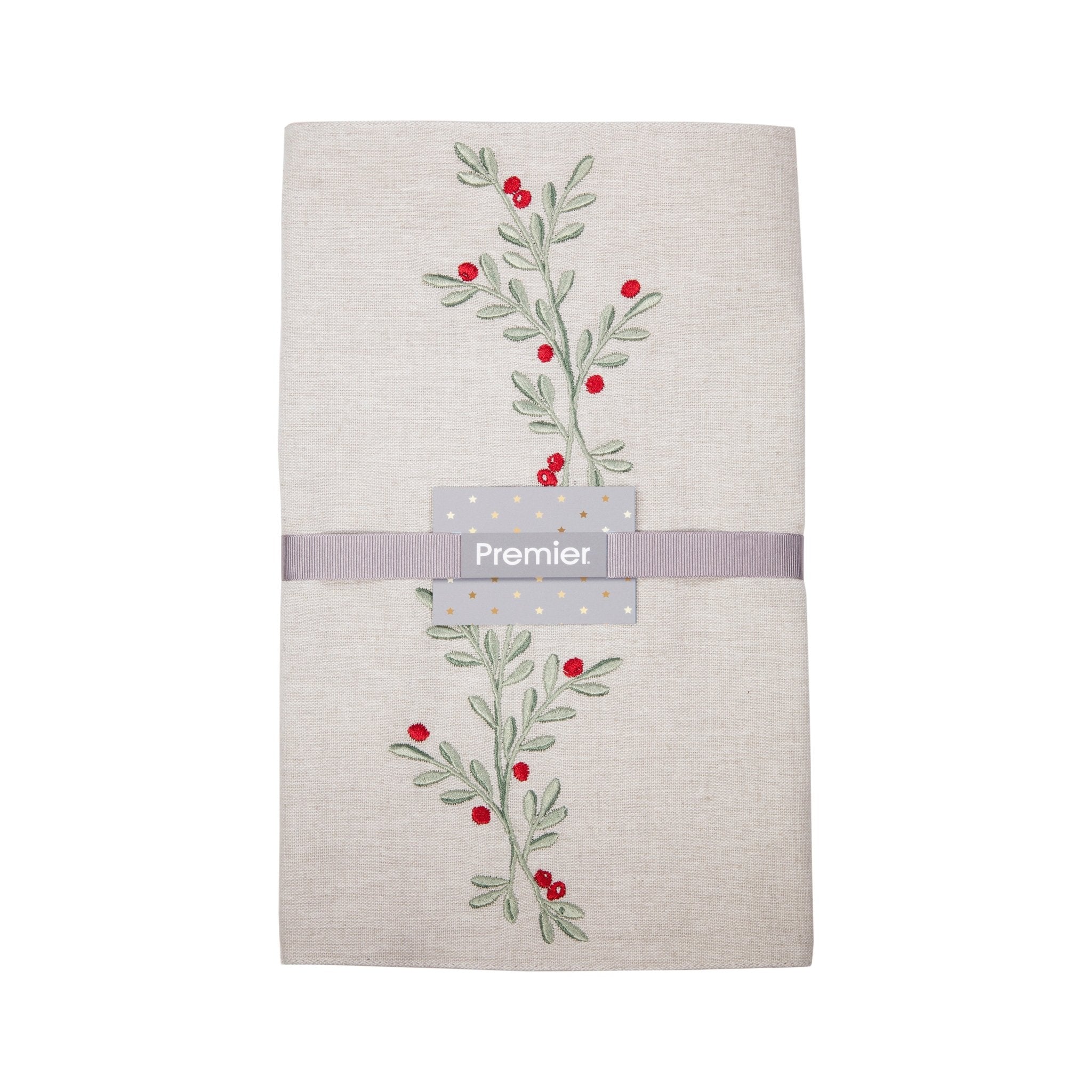 Premier 2m Embroidered Chambray Holly Berry Table Runner