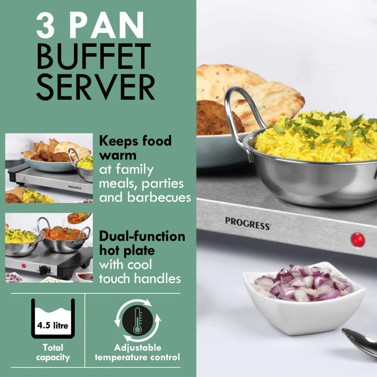 Progress 3 Pan Food Warmer Buffet Server, 3 x 1.5L - Image 2