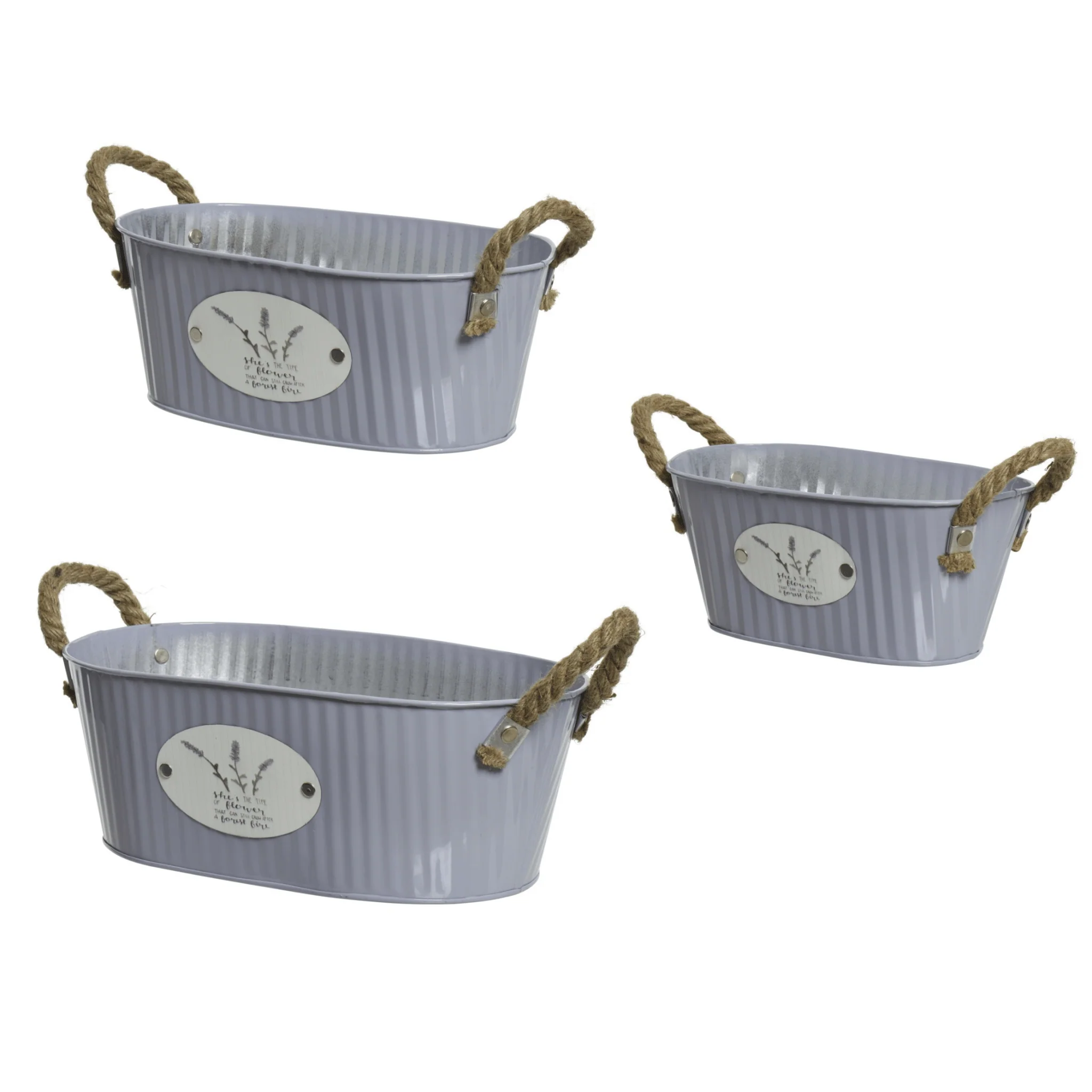 Purple Galvanized Oval Planters – Set of 3 with Jute Handles