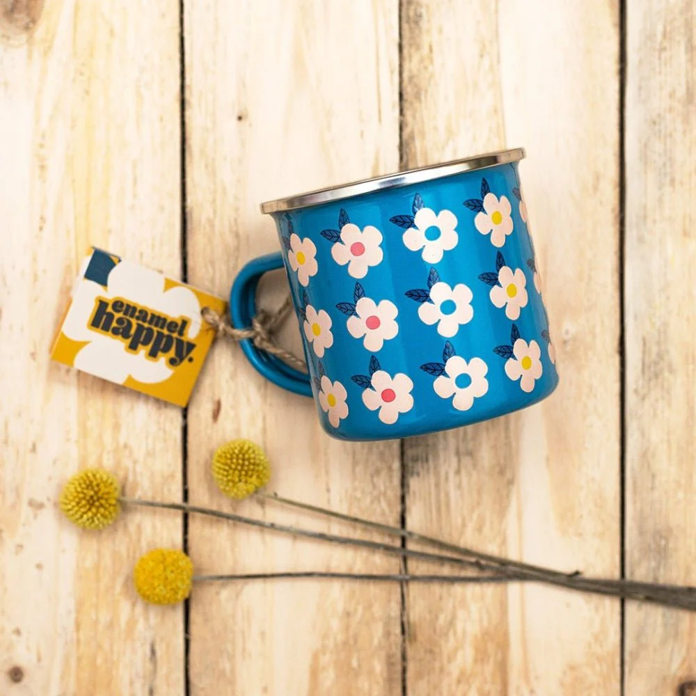Retro Floral Enamel Mug 350ml – Ocean Blue - Image 2