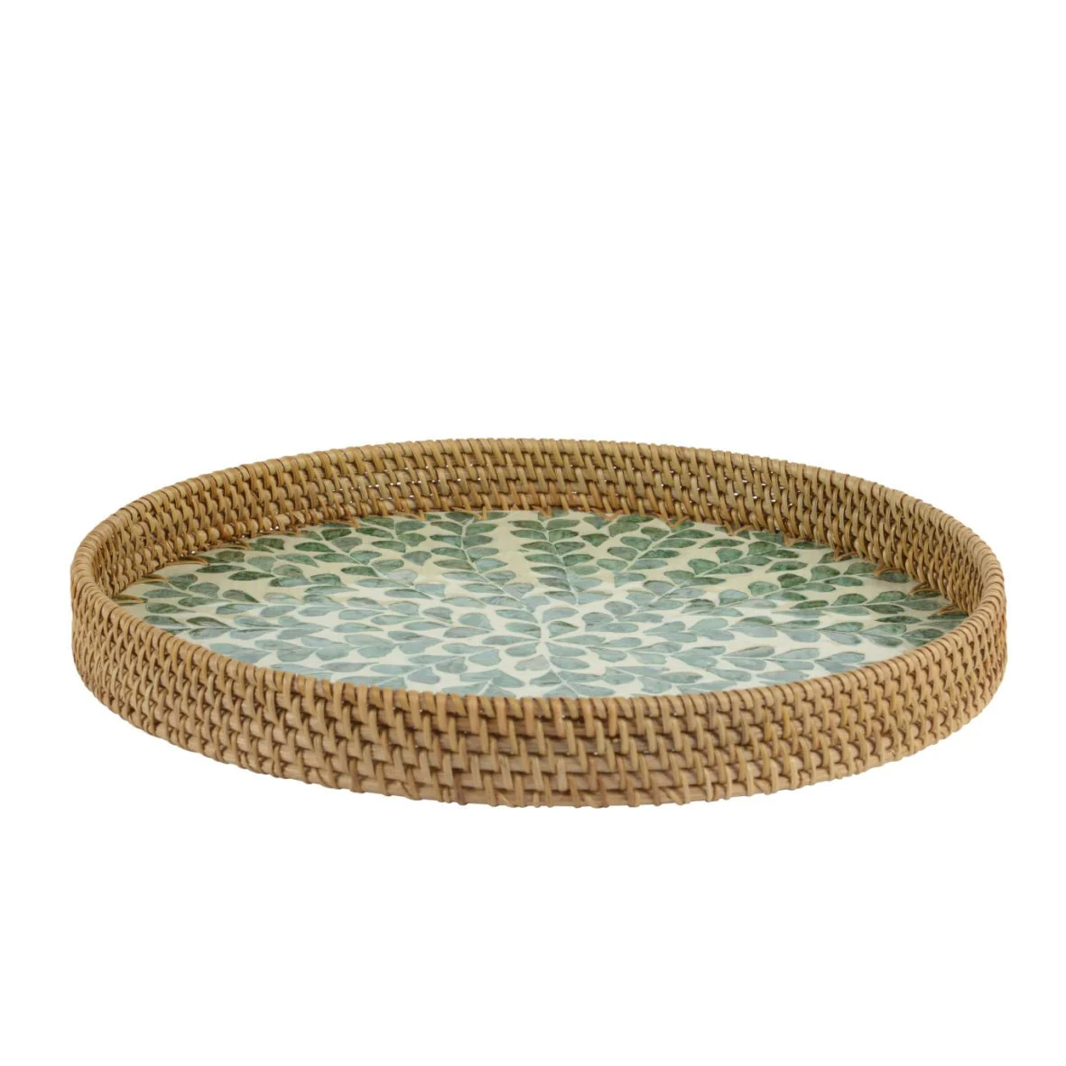 Round Rattan Tray with Green Leaf Pattern – 38cm - Image 3