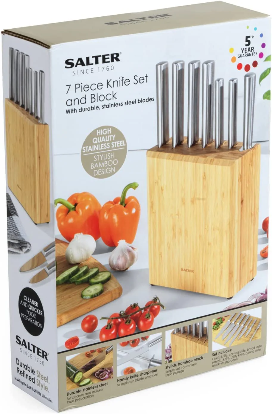 Salter 7 Pc Kitchen Knife Set with Bamboo Block - Image 2