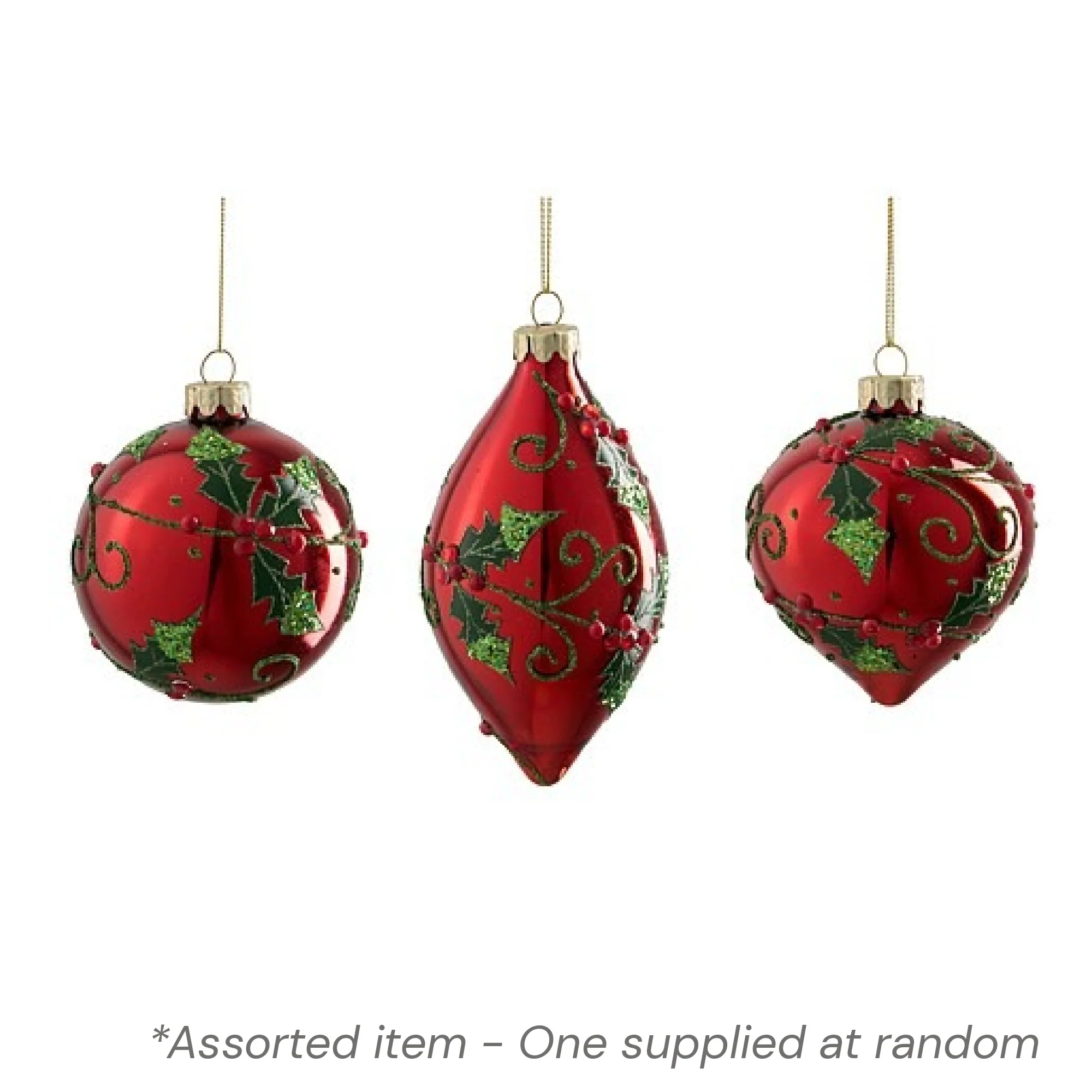 Shiny Red Bauble with Holly 8cm Assorted - One Supplied*
